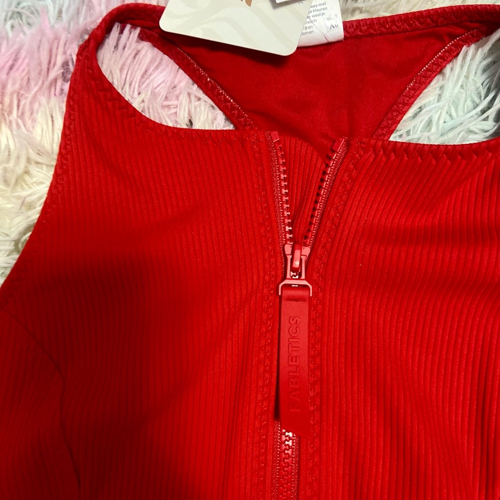 Fabletics Red High-Neck Zip Swim Top with Matching Red Swim Shorts - Picture 4 of 5
